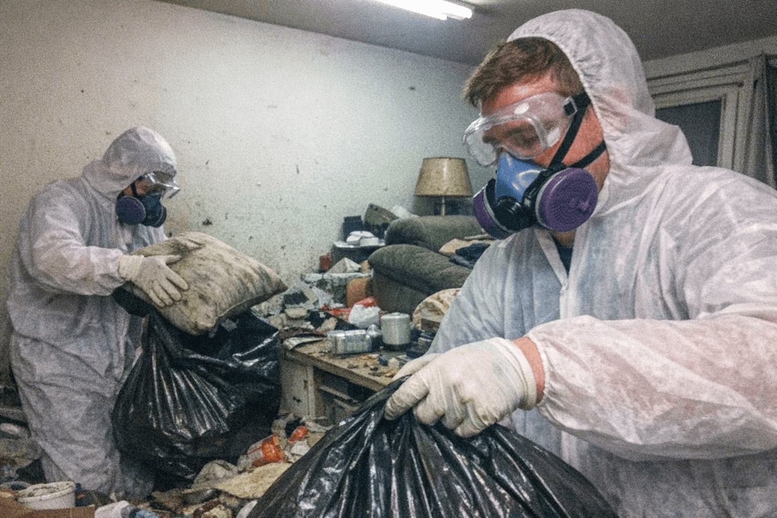 Räumungsmannschaft in Schutzkleidung arbeitet in stark verschmutztem Raum mit offenen Fenstern