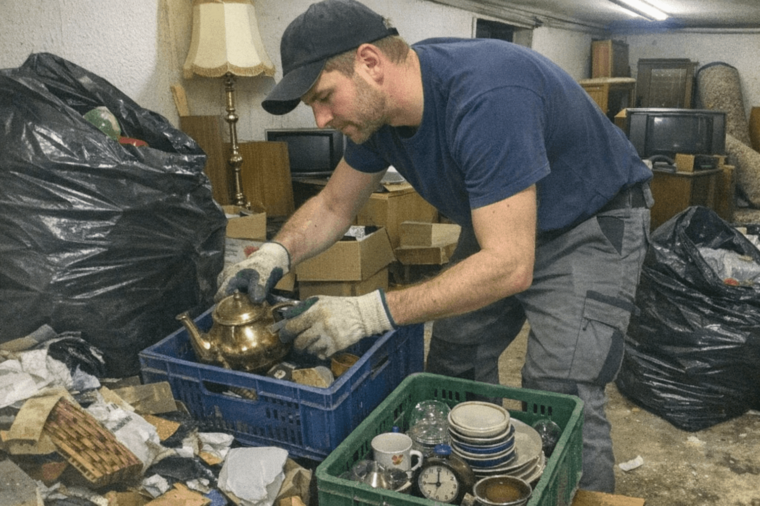 Sortierter Hausrat in Kisten und markierte Möbelstücke in einer Nachlasswohnung