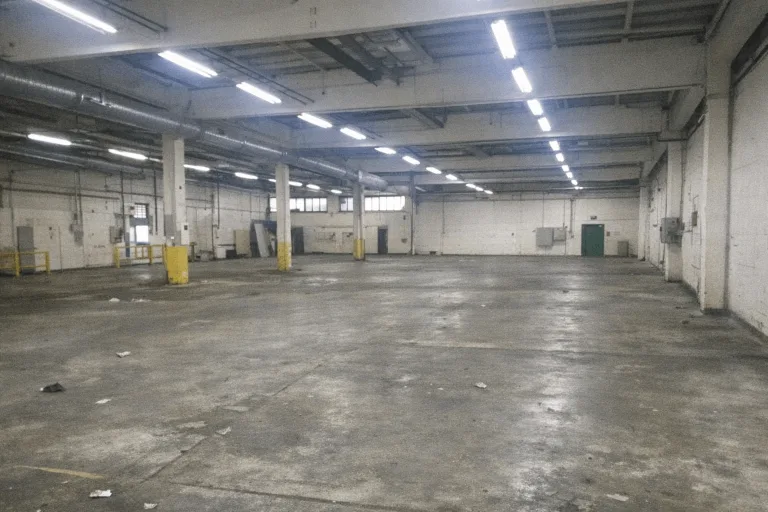 Leere Lagerhalle mit freier Bodenfläche und zurückgebauten Regalen
