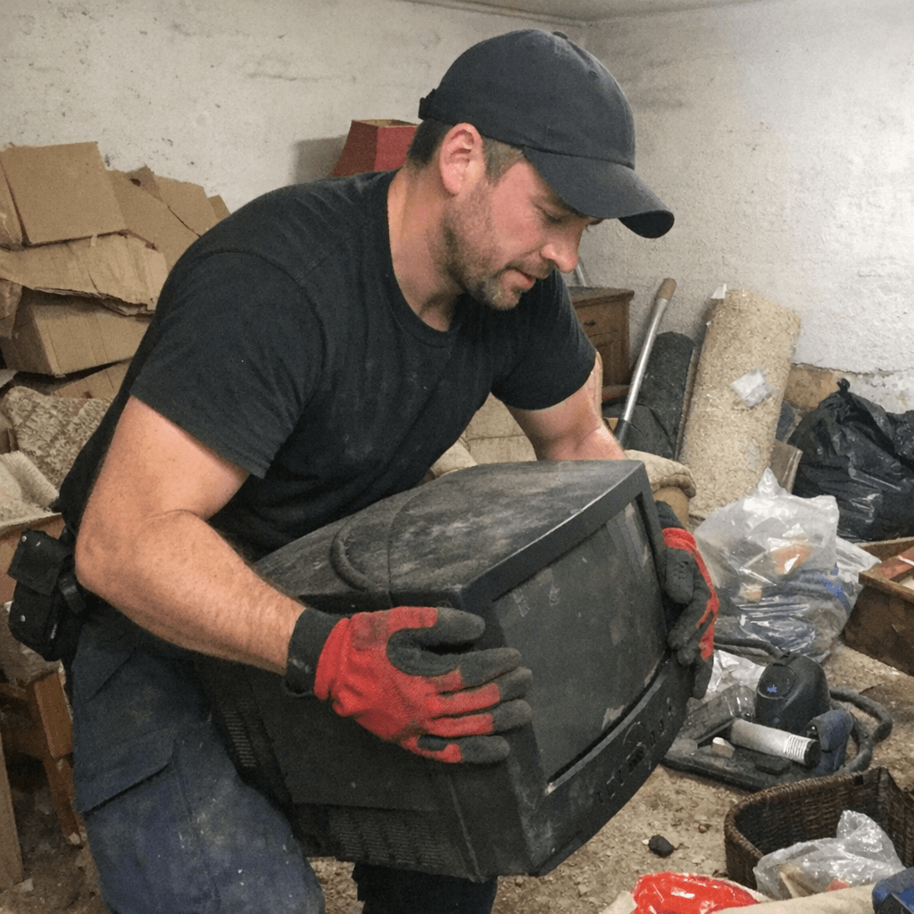 Zwei Räumungskräfte tragen in einem Krefelder Mehrfamilienhaus einen demontierten Kleiderschrank zum Transporter