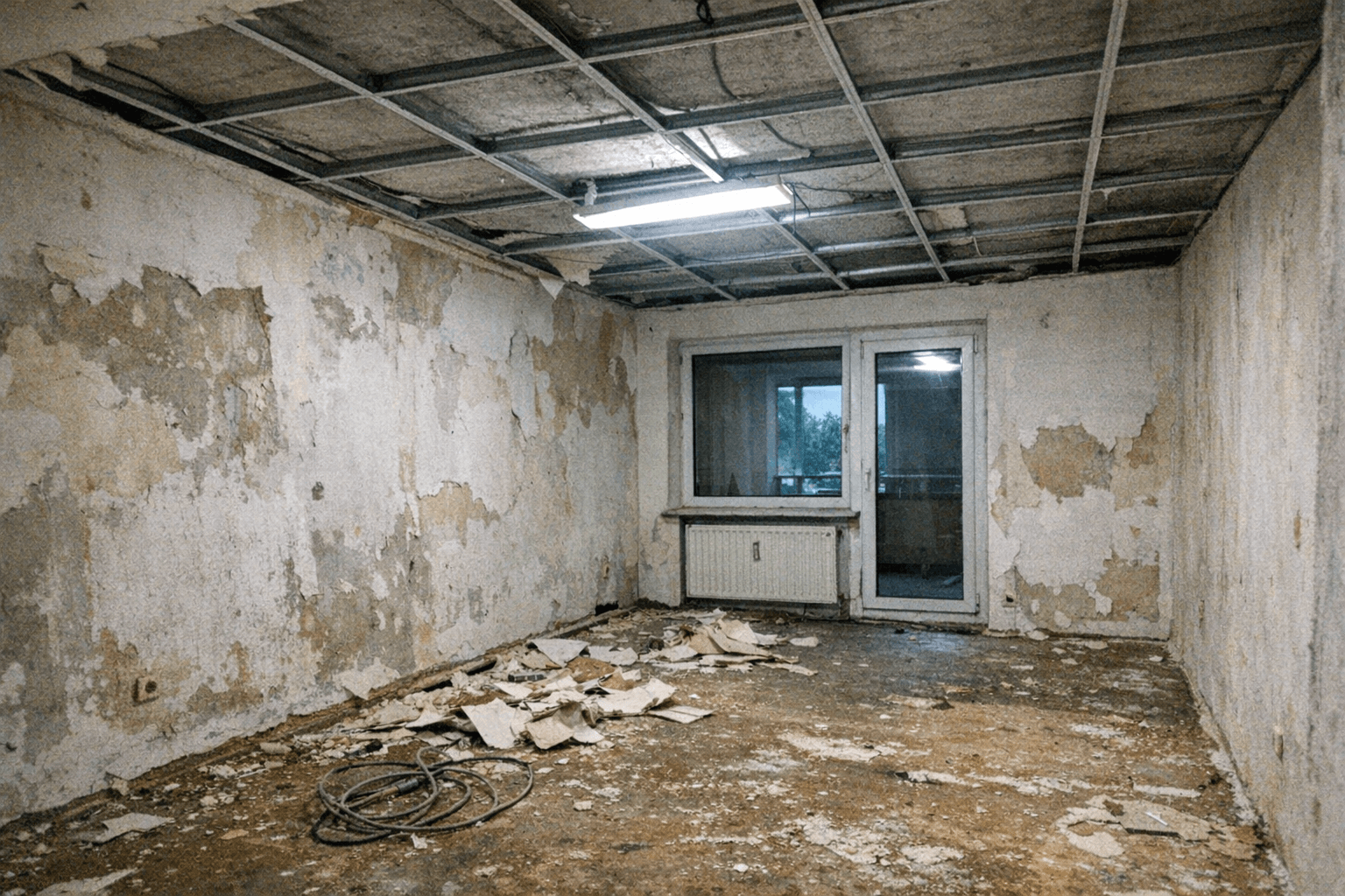 Wohnraum vor Sanierung mit entfernten Bodenleisten und gelösten Tapetenbahnen